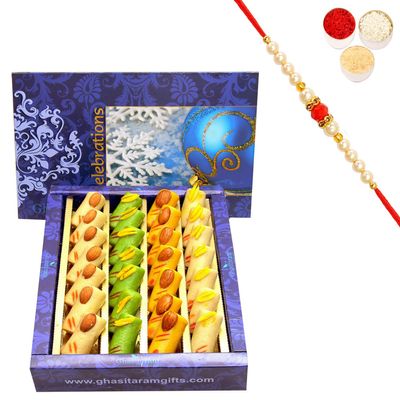 Ghasitaram Gifts Rakhi Gifts for Brothers Sugarfree Assorted Rolls Box 800 GMS with Beads Rakhi