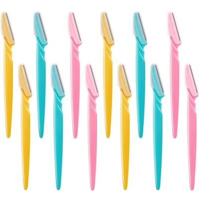 12 Pieces Eyebrow Razor Shaper Shavers Trimmers for Women and Men Face Hair Removers (Pink, Yellow, Blue)