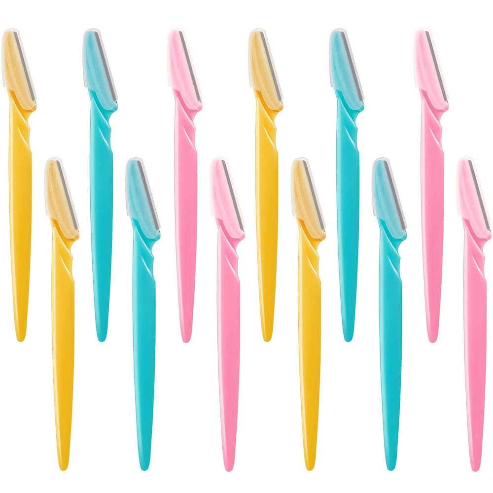 12 Pieces Eyebrow Razor Shaper Shavers Trimmers for Women and Men Face Hair Removers (Pink, Yellow, Blue)