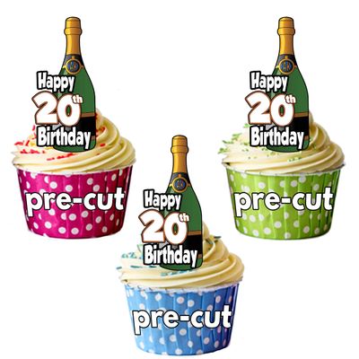 AK Giftshop Happy 20th Birthday Champagne Bottles - Precut Edible Cupcake Toppers/Cake Decorations - Mens - Ladies - Celebrations - Party (Pack of 48)
