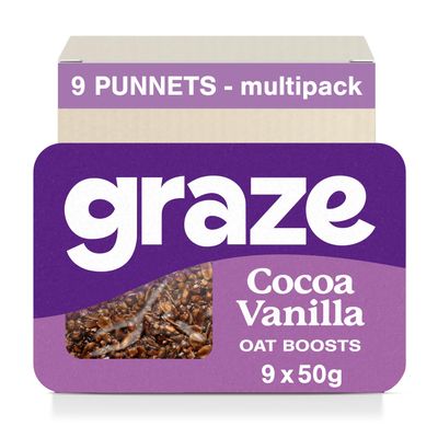 Graze Cocoa Vanilla Oat Flapjacks, Vegetarian Healthy Snacks, High in Fibre, 3 Bars per Punnet, Whole Oats & Natural Flavours - Packaging may vary - (9 x 50g Snacks)