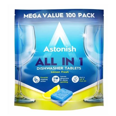 Astonish All In 1 Powerful Cleaning Dishwasher Tablets with Salt and Rinse Aid, Mega Pack of 100 Tablets, Lemon Fresh