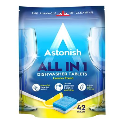 Astonish All In 1 Powerful Cleaning Dishwasher Tablets with Salt and Rinse Aid, Pack of 42 Tablets, Lemon Fresh