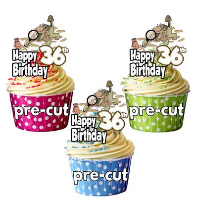 AK Giftshop PRECUT Archaeologist Dinosaur - 36th Birthday - Edible Cupcake Toppers/Cake Decorations (Pack of 12)