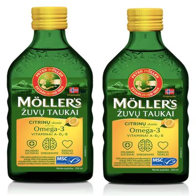Moller's Fish Cod Liver Oil with Omega 3, Lemon Flavour 250 Ml Liquid Supplement Made in Norway 2 Bottles