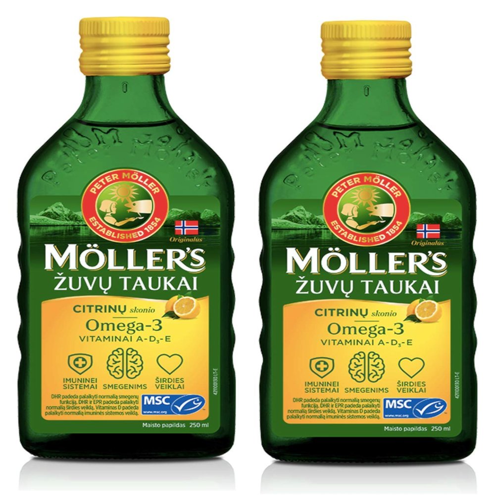 Moller's Fish Cod Liver Oil with Omega 3, Lemon Flavour 250 Ml Liquid Supplement Made in Norway 2 Bottles