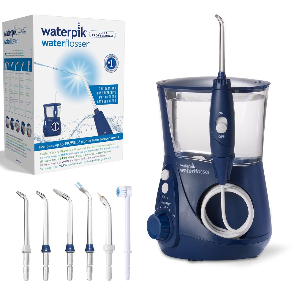 Waterpik Ultra Professional Waterflosser feststehende Munddusche mit 7 Aufstzen, Druckbereich von 0,7-7 Bar regulierbar ber 10 Druckeinstellungen, integrierter Timer, Blau (WP-663EU)