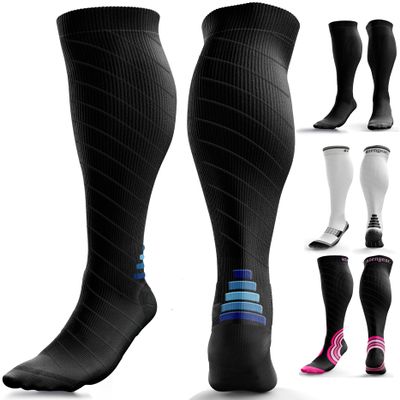 aZengear Compression Socks (20-30mmHg) Anti DVT Air Flying Knee-High Flight Travel Stockings, Swollen Legs, Varicose Veins, Running, Shin Splints Calf Pressure Support, Sports (Black w Navy S/M)