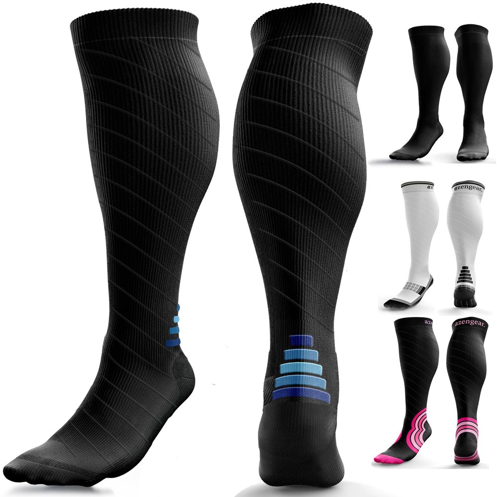 aZengear Compression Socks (20-30mmHg) Anti DVT Air Flying Knee-High Flight Travel Stockings, Swollen Legs, Varicose Veins, Running, Shin Splints Calf Pressure Support, Sports (Black w Navy S/M)