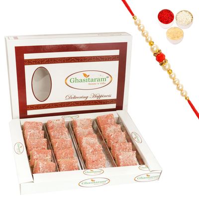 Ghasitaram Gifts Rakhi Gifts for Brothers Rakhi Sweets - Mawa Coconut Barfi 400 GMS with Beads Rakhi