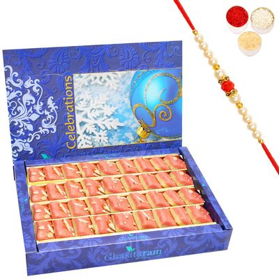 Ghasitaram Gifts Rakhi Gifts for Brothers Rakhi Sweets - Mawa Coconut Barfi 800 GMS with Beads Rakhi