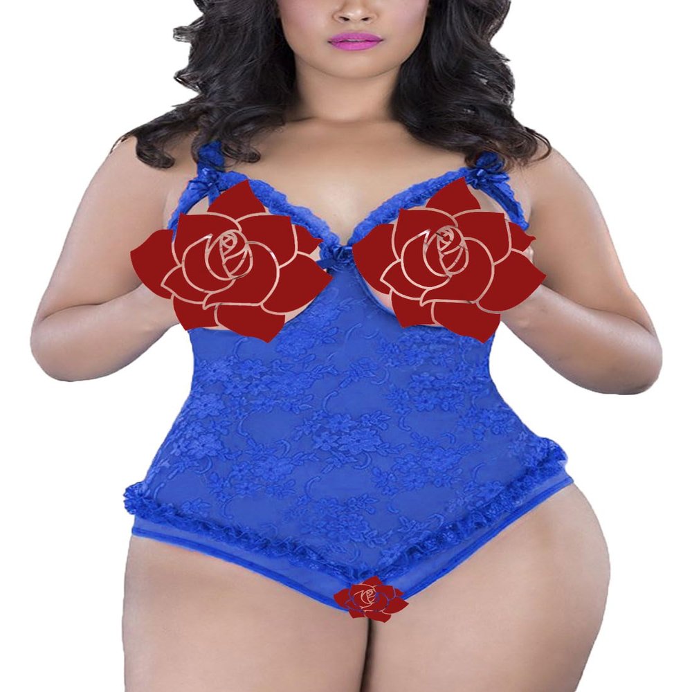 ALLureLove Plus Size Lingerie for Women Sexy One-Piece Teddy Valentine's Day Lingerie Bodysuit, Blue, XXL