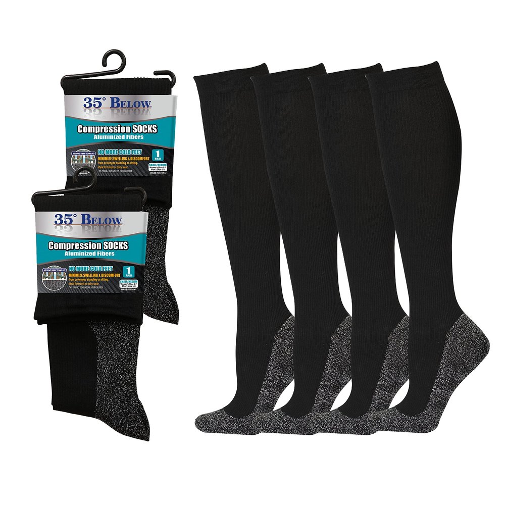 35 Below Compression Socks - As Seen On TV - 2 Pairs in Black; Size Small/Medium - 2-in-1 Compression & Warming Socks - Aluminized Thread with Aerospace Fabric Technology