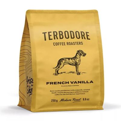 Terbodore | French Vanilla Ground Coffee | 250g Bag | Delicious Vanilla Flavour | Subtle Aroma | Premium Grade | Filter | Medium Roast | Home or Cafe | French Vanilla Ground Coffee