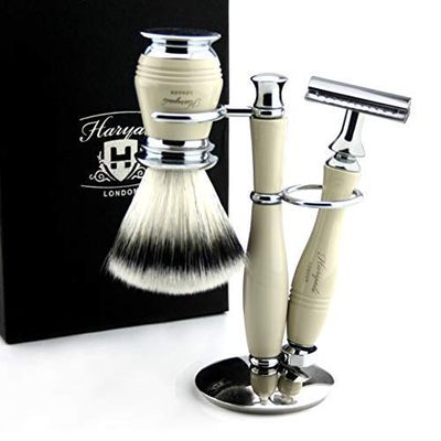 3 Piece Traditional Wet Shaving Set >> Double Edge Shaving Razor & Synthetic Eco-Friendly Badger Shaving Brush + Dual Stand - Classic Ivory Colour - Gift Set