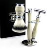 3 Piece Traditional Wet Shaving Set >> Double Edge Shaving Razor & Synthetic Eco-Friendly Badger Shaving Brush + Dual Stand - Classic Ivory Colour - Gift Set view 1