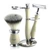 3 Piece Traditional Wet Shaving Set >> Double Edge Shaving Razor & Synthetic Eco-Friendly Badger Shaving Brush + Dual Stand - Classic Ivory Colour - Gift Set view 2