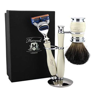 3 Piece Wet Shaving Set 5 Edge Razor and Black Badger Shaving Brush Dual Stand