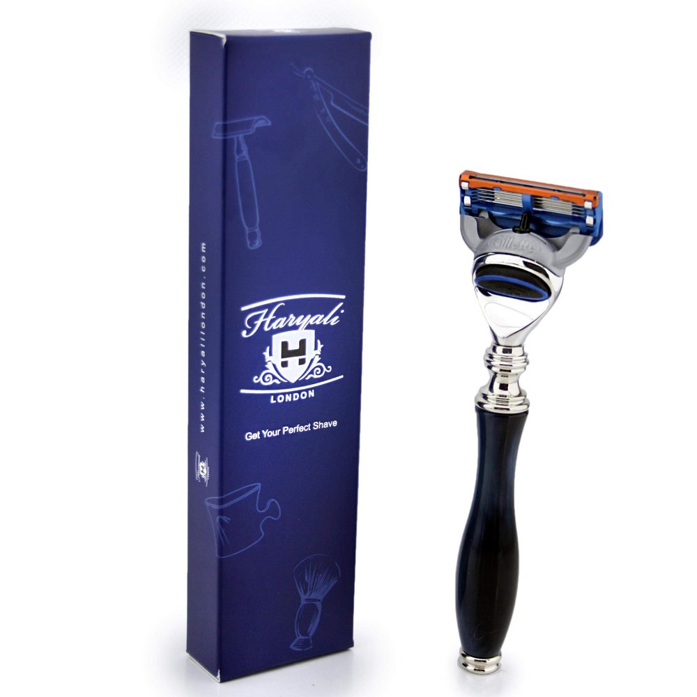 Compatible Razor with Solid Unbreakable Resin Handle Marbled Blue Perfect Shaving Razor for Men