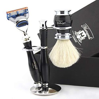 3 Piece Set Traditional Wet Shave Kit Featuring a Compatible 5 Edge Razor (Unbreakable Handle) & Pure White Badger Shaving Brush Complete with Double Stand - Gift Set for Any Shaving Enthusiast