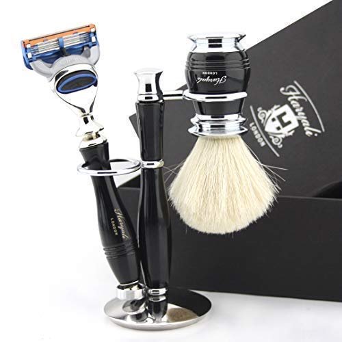 3 Piece Set Traditional Wet Shave Kit Featuring a Compatible 5 Edge Razor (Unbreakable Handle) & Pure White Badger Shaving Brush Complete with Double Stand - Gift Set for Any Shaving Enthusiast