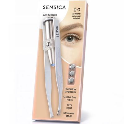 Sensica Eyebrow Tweezers with Light LED Lighted Tweezers for Women Facial Hair Precision Eyebrow Plucking Slant Tip Stainless Steel Tweezer with Long Arms & 3 Extra Batteries