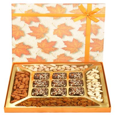 Ghasitaram Gifts Diwali Gifts Diwali Chocolates - Orange Print Dryfruits and 9 pcs English Brittle Chocolate Box