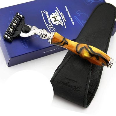 Ambar and Black Collection 5 Edge Cartridge Razor and Leather Protective Razor Case Deep Clean Shave