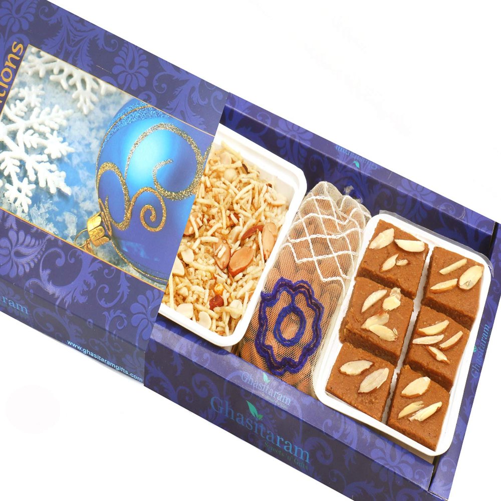 Ghasitaram Gifts Indian Sweets - Diwali Gifts Diwali Hamper Sweet Hampers - Nani's Spl Besan Barfi, Namkeen and Almonds Pouch Hamper