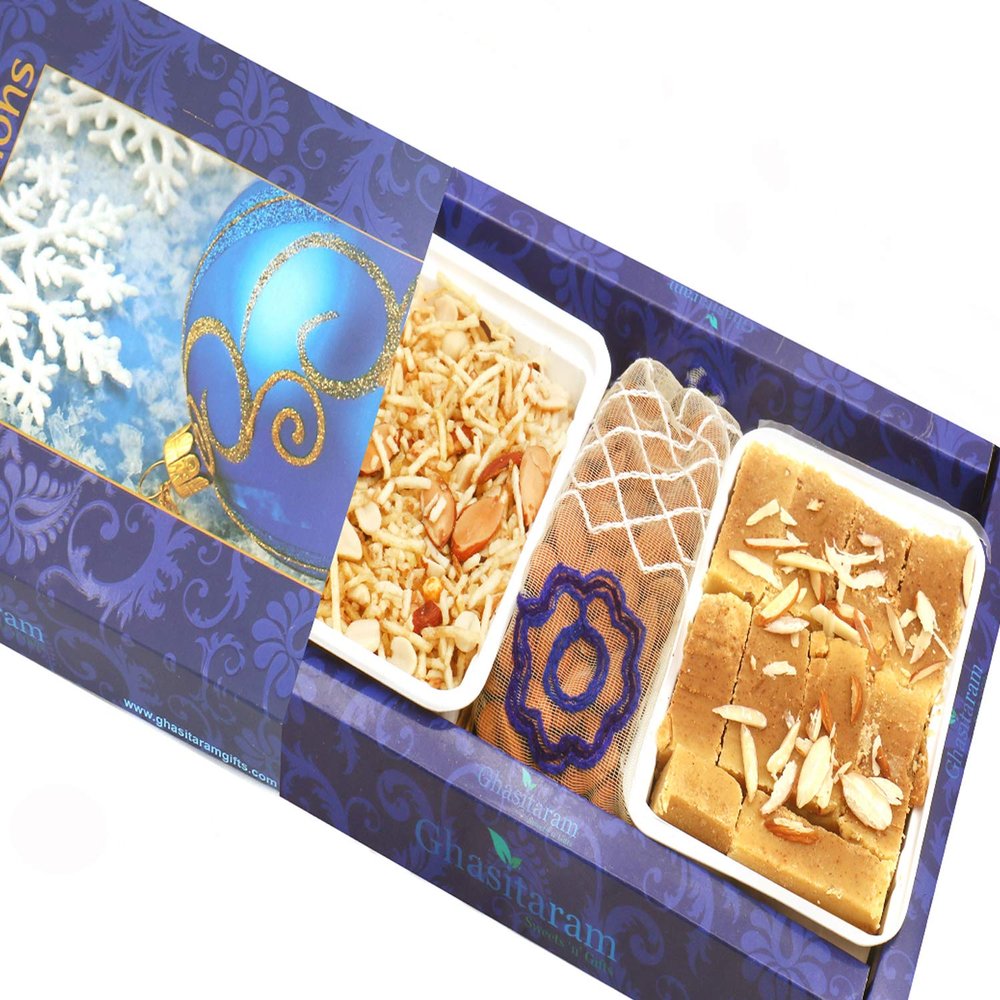 Ghasitaram Gifts Indian Sweets - Diwali Gifts Diwali Hamper Sweet Hampers - Mysore Pak, Namkeen and Almonds Pouch Hamper