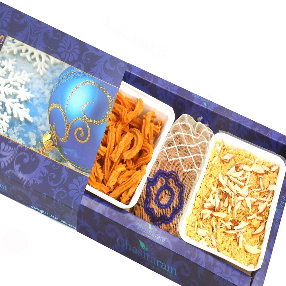 Ghasitaram Gifts Diwali Gifts Diwali Hamper Sweet Hampers - Soan Papdi, SOYA Sticks and Almonds Pouch Hamper