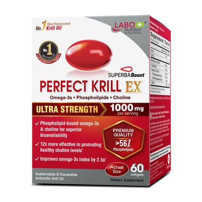LABO Nutrition Perfect Krill EX, The Purest Ultra Strength Antarctic Krill Oil, Highest Phospholipids (>56%), with Choline & Astaxanthin, Omega 3, Heart & Joint Support, 100% Made in USA, 60 softgel
