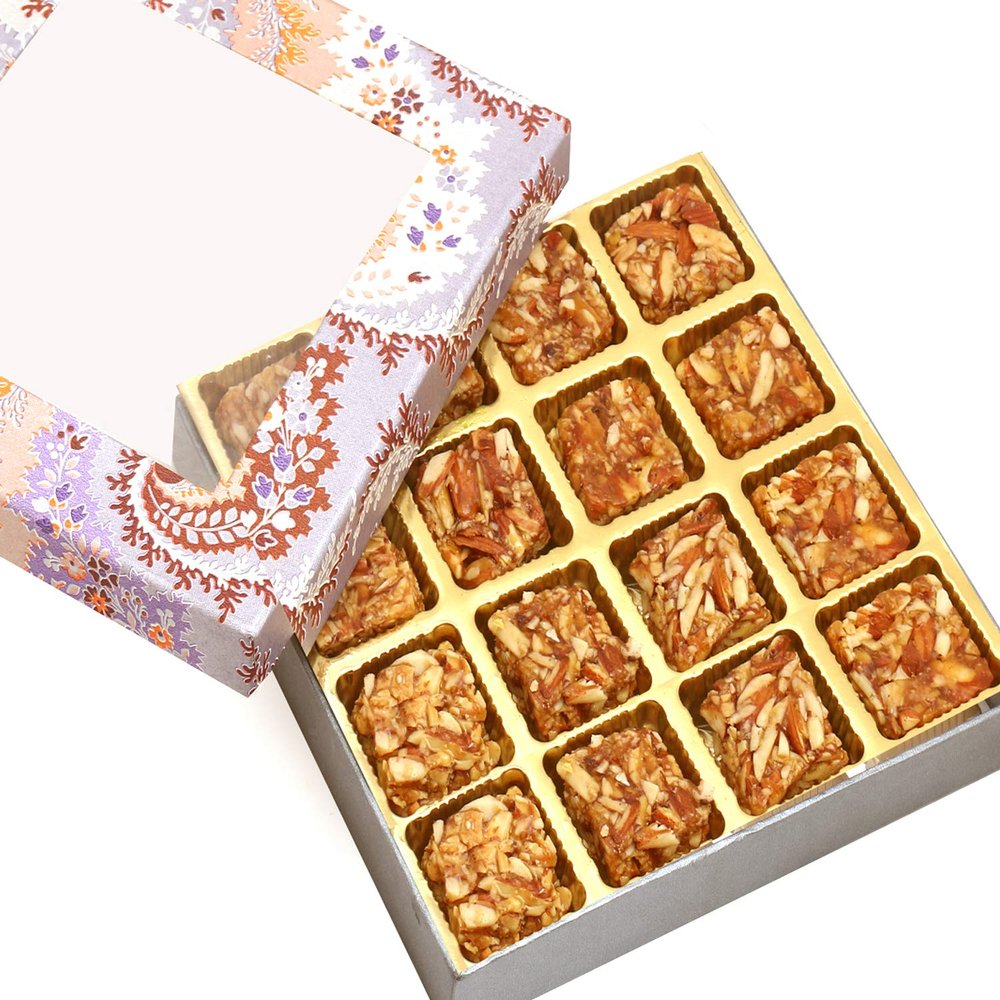 Ghasitaram Gifts Diwali Gifts Sweets- Blue Printed 16 pcs Roasted Almond Sugarfree Bites Box