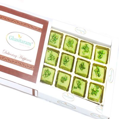 Ghasitaram Gifts Diwali Gifts Sweets- Ghasitaram's Pista Mawa Barfi in White Box