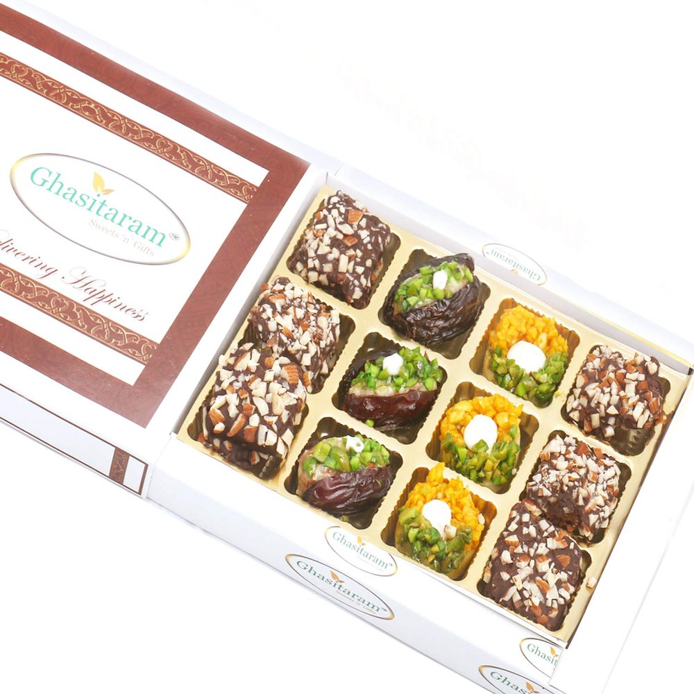 Ghasitaram Gifts Diwali Gifts Sweets - Kesar Pista Delight, Dates and English Brittle Chocolates in White Box, 300g