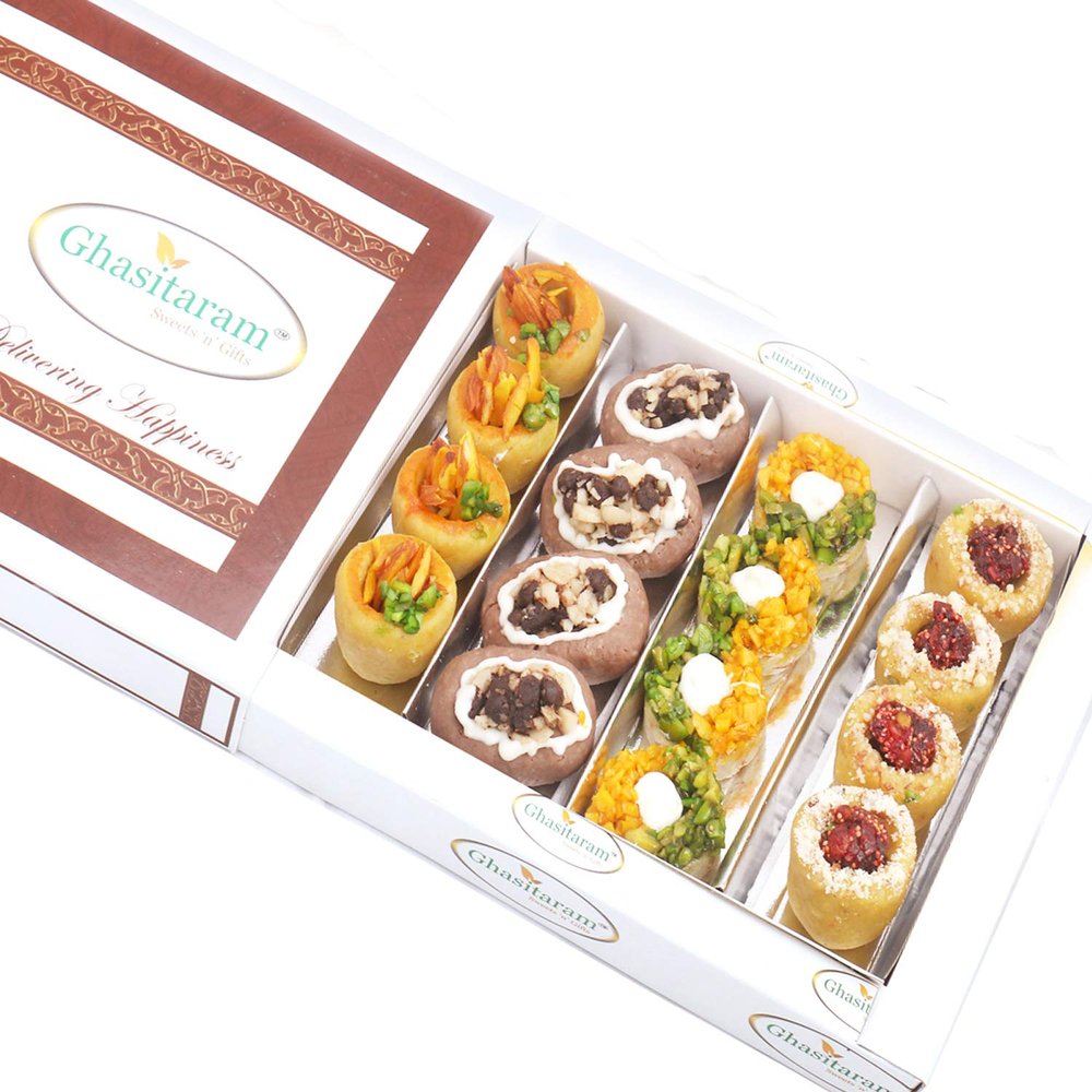 Ghasitaram Gifts Diwali Gifts Sweets - Assorted Box of Anjeer Basket, Kesar Pista Delight, Choco Boat and Almond Basket, 400g