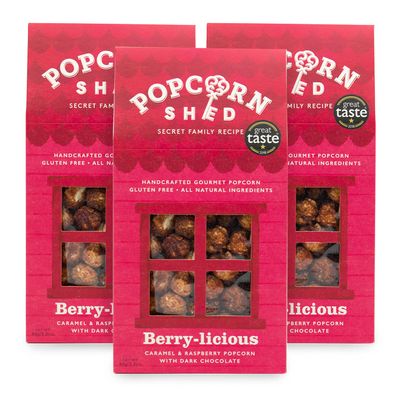 3 x Berry-Licious 80g Gourmet Popcorn Shed's | Chocolate and Raspberry Flavoured Fruit Popcorn | Popcorn Gift, Pack of 3