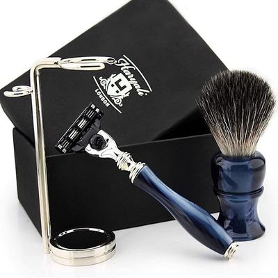 3 Piece Shaving Set Featuring Synthetic Black Badger Shaving Brush & Triple Edge Compatible Razor (Luxury Handle) + Steel Dual Stand Special Collection Limited Edition