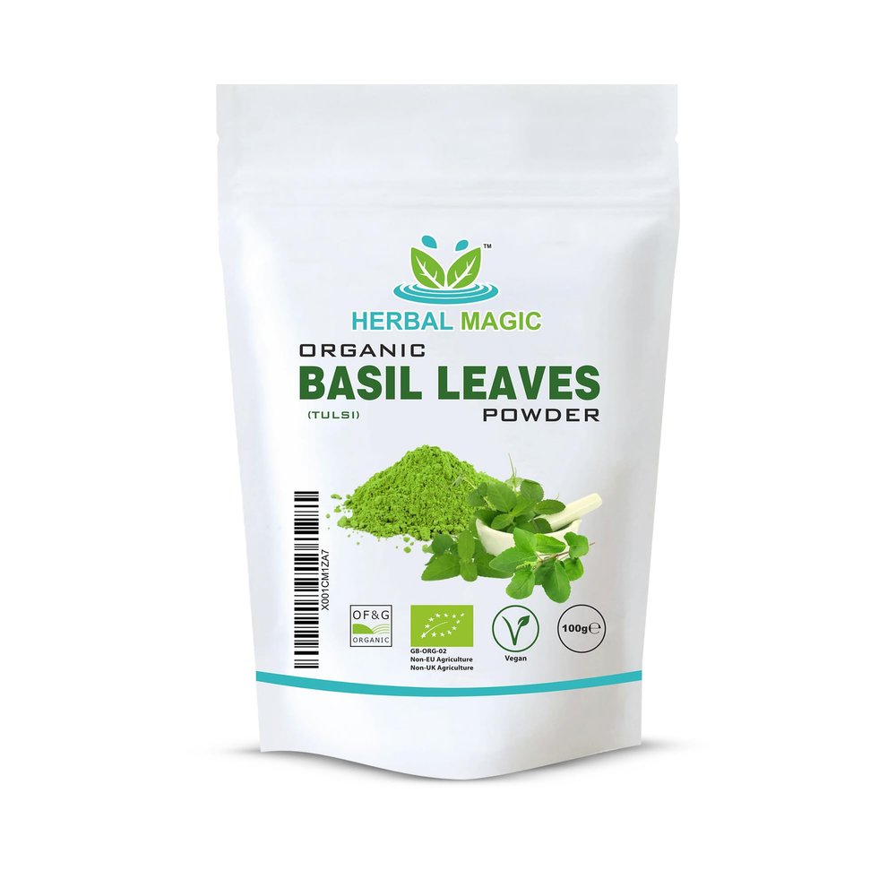 Herbal Magic's Organic Holy Basil Leaf Powder (Tulsi Powder) - Vibrant Smoothies,Juices,Shakes,Baked Recipes, Soups - Free from Fillers & Preservatives-of&G UK Organic Certified-100g