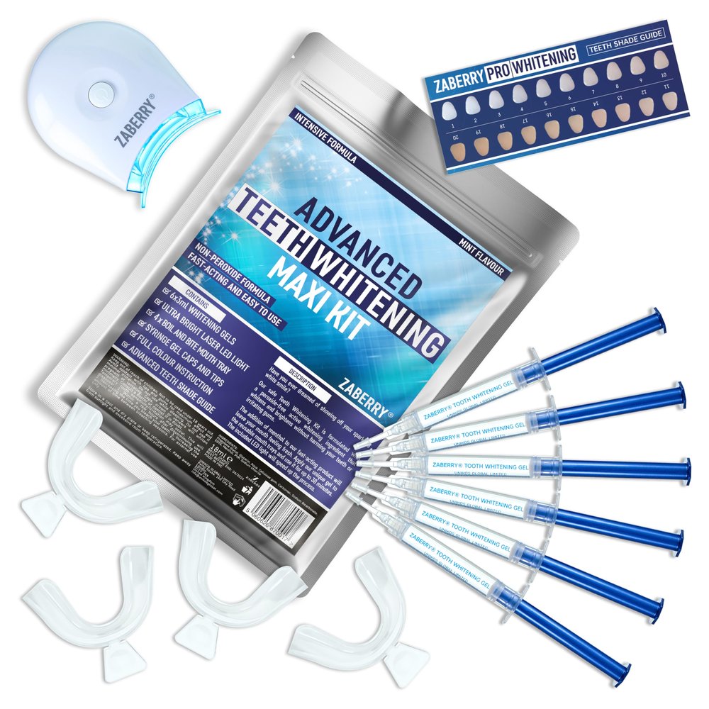 ZABERRY Teeth Whitening Kit, LED Laser Light Activator, 6X3ml Premium Whitening Gels, Full Tooth Whitening Course, Sensitivity-Free and Enamel Safe