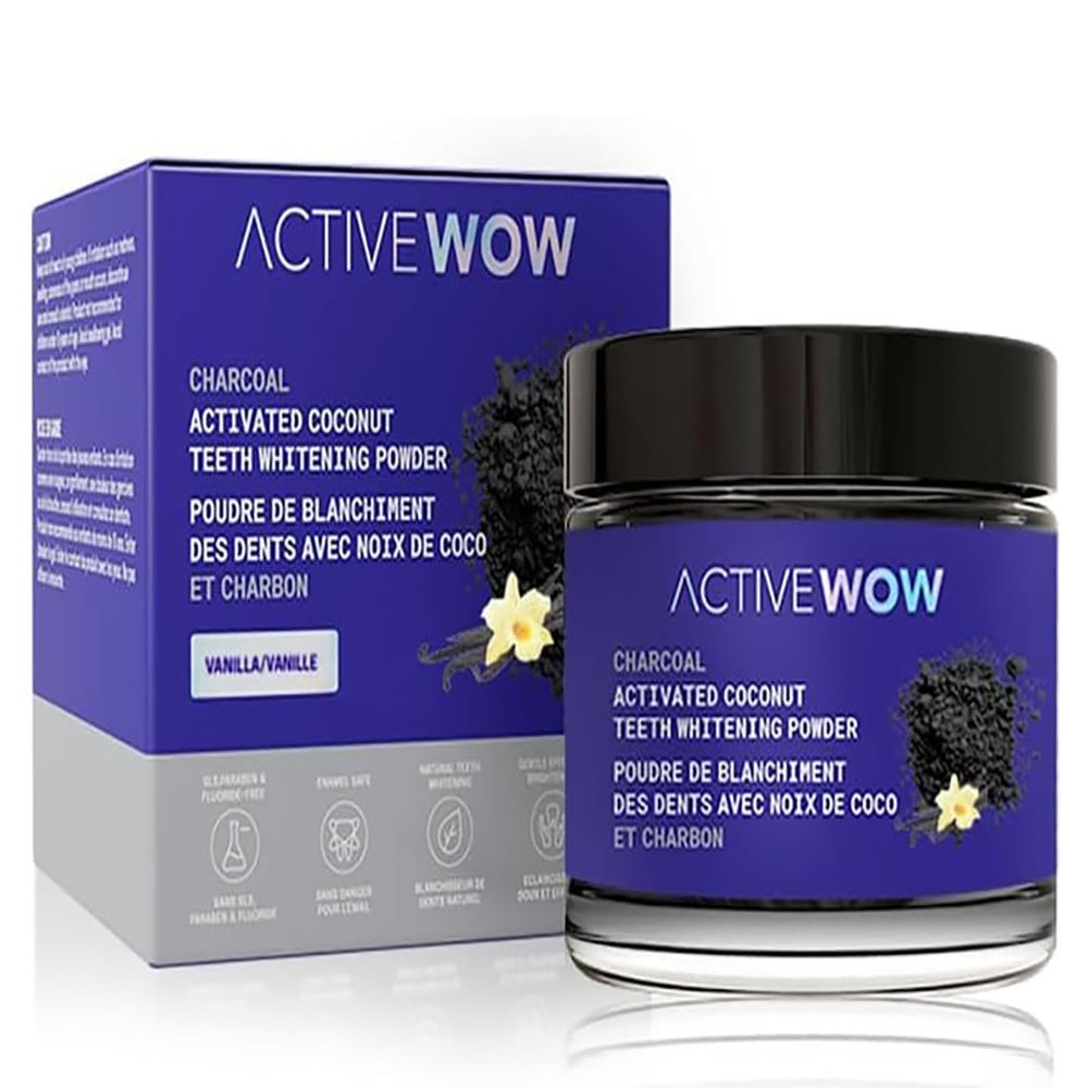 Active Wow Activated Coconut Charcoal Powder (Vanilla) Plaque Remover for Teeth, Activated Charcoal,Removes Surface Stains,Natural Teeth Whitening