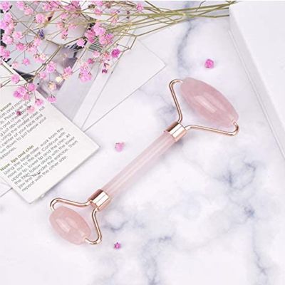 100% Rose Quartz Facial Roller Massager for Neck Eyes Neck Hand Back and Body Anti ageing Skin Tightening Tool Helps Promoting Blood Circulation