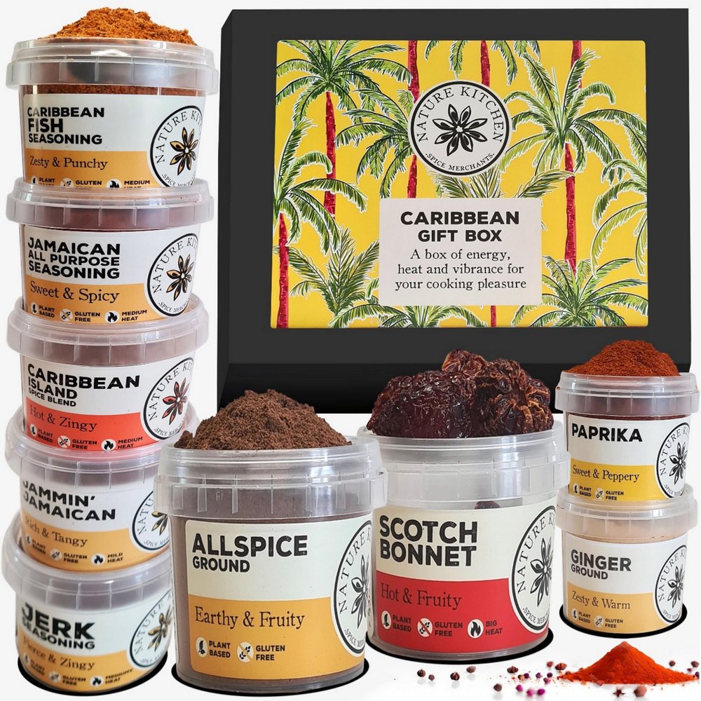 Nature Kitchen Caribbean Spice Gift Set, 9x Gourmet Seasoning & Herb Pots with Recipe Card, Includes Jerk, Jammin Jamaican, Scotch Bonnet, Caribbean Fish, Paprika, Ginger & More