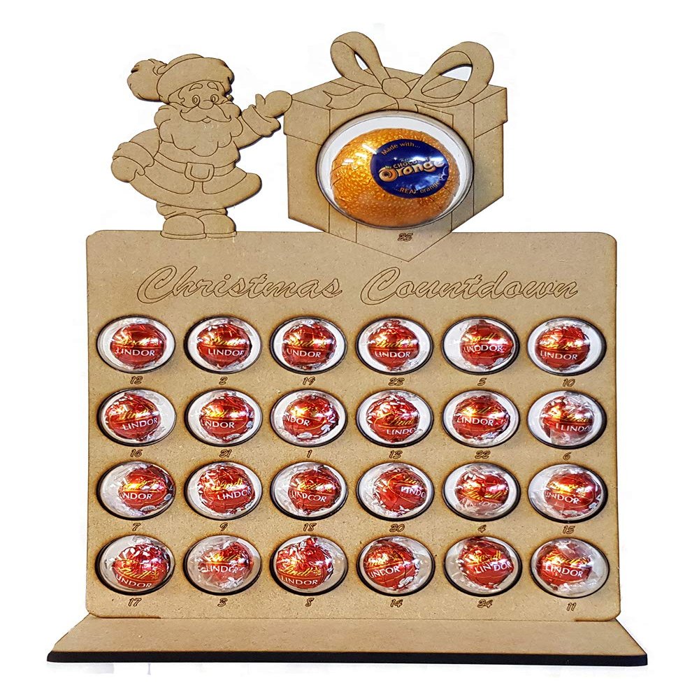 Santa Present Christmas Advent Calendar with Stand for Chocolate Orange & Lindt, includes Baubles