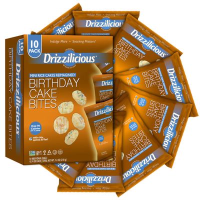 Drizzilicious, Mini Rice Cakes with White Chocolate Drizzle - Non GMO, Gluten Free, Rice Snacks - Pack of 10 (21g Each), Birthday Cake Flavor, Rice Crisps Snack