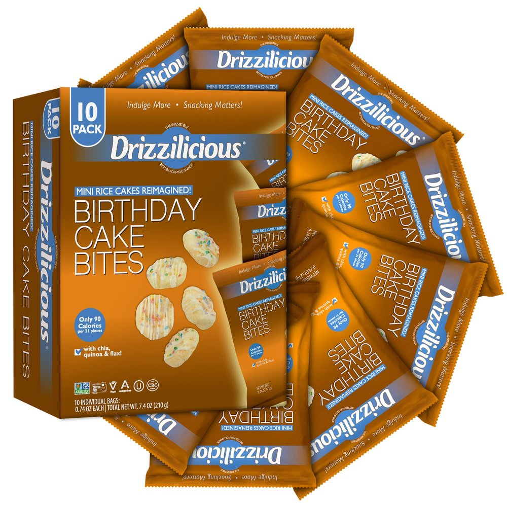 Drizzilicious, Mini Rice Cakes with White Chocolate Drizzle - Non GMO, Gluten Free, Rice Snacks - Pack of 10 (21g Each), Birthday Cake Flavor, Rice Crisps Snack