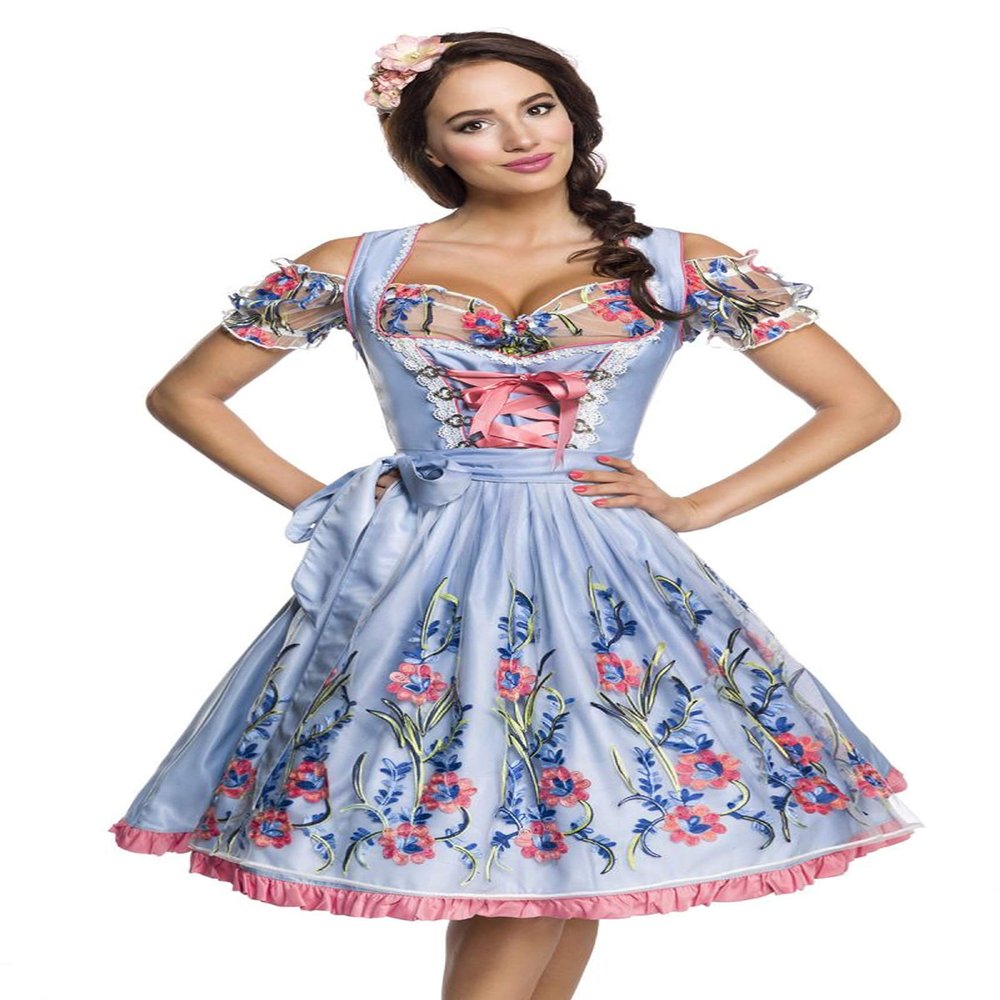 3-Piece Midi Dirndl Set Costume Dress Oktoberfest Blouse 36-46, Blue/Pink/White, XXL