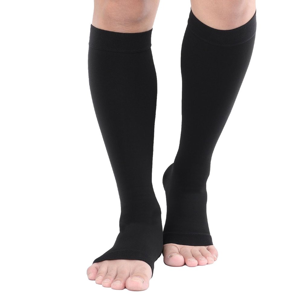 TOFLY Knee High Compression Stockings, Open-Toe, Firm Support 15-20mmHg Opaque Maternity Pregnancy Compression Socks, Ankle & Arch Support, Swelling, Varicose Veins, Edema Black S