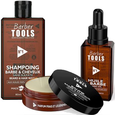 Cosmetic Beard Kit - Beard Oil 30ml + Beard Balm 30ml + Beard Shampoo 60ml | For maintenance and beard care - MADE IN FRANCE BARBER TOOLS