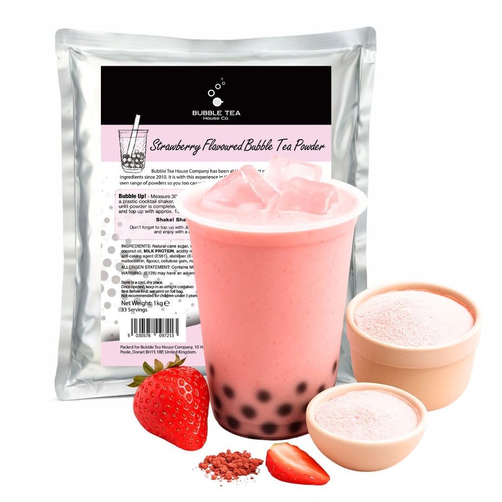 Strawberry Bubble Tea Powder 1 kg 3 in 1 Drink Mix Gluten Free, Lactose Free, Vegetarian Makes 33 Servings Easy to Prepare Hot or Cold for Caf-Style Boba Tea